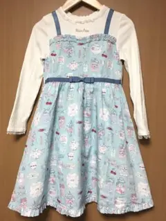 メゾピアノ　130cm ティーパーティ柄　ドッキングワンピース　水色