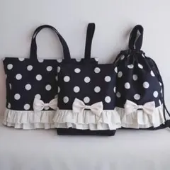 絵本バッグ 上履き入れ お着替え袋 3点セット　水玉×フリル　アイボリー