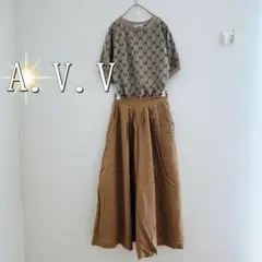 A.V.V. ウエストゴムタックフレアワイドガウチョパンツ（M）ブラウン