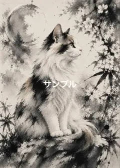 一作限り】月夜にたたずむハチワレ長毛猫の墨彩アート ハチワレ Q229