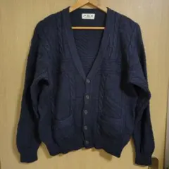 ケーブルニットカーディガン ネイビー ウール100% M