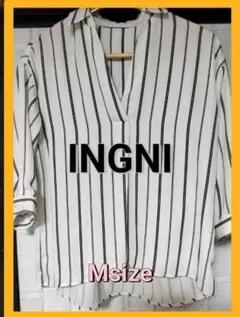 【美品】イング トップス ブラウス シャツ スキッパー 七分袖ストライプ 白