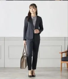 ネイビー シングルボタンノーカラージャケット上下