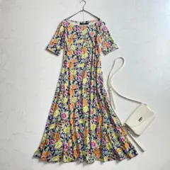 ローレンラルフローレン 花柄フレアワンピース M ネイビー 総柄