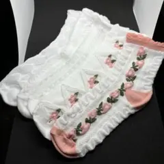 靴下　5足セット　花柄　刺繍　フリル　ソックス ホワイト　ピンク　レディース