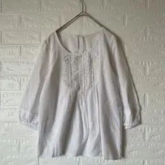 ENNEAエンネア【M】ホワイトフリル七分袖ドットブラウス