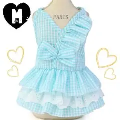 新品 M ギンガムチェック キャミ ワンピース （水色） 犬服 猫服 犬の服