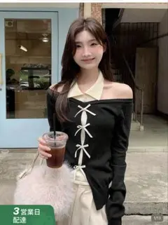 SHEIN 리본 포함 오프 숄더 니트 긴팔