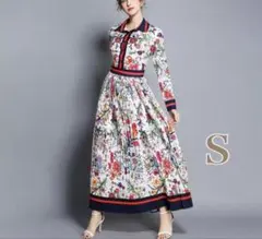 【オルチャンファッション】花柄ロングシャツワンピース S 衿つき　プリーツ