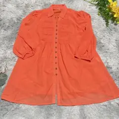 シャーリング シフォン チュニックブラウス オレンジ (XXXL) 大きいサイズ