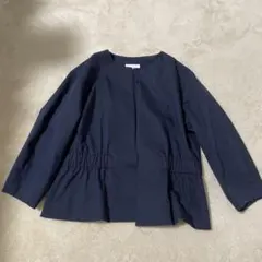 ネイビー ノーカラージャケット ウエストギャザー