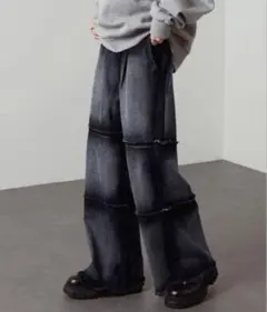 Alfred Alexヴィンテージメイクフリンジ切替タックセミフレアデニムパンツ