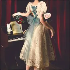 レース パフスリーブ ドレス ベージュ 背中ビッグリボン ロリータ