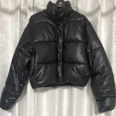 zara xs レザー クロップドダウンジャケット ブラック