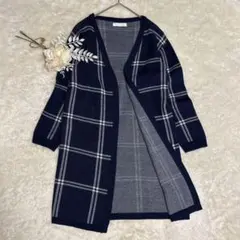 1678〈セシルマクビー〉M ロングカーディガン チェック柄 Vネック ネイビー
