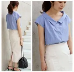 イエナ 2wayデザインカラーシャツブラウス ブルーストライプ とろみ スーツ