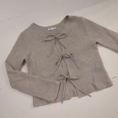 GU ベージュ リボン付きニットカーディガン S