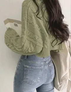 【高評価】DAZY グリーン ラウンドネック ニットセーター JP-M(M)