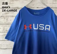 古着 アンダーアーマー USA Tシャツ メンズ プリントロゴ 青ブルー2XL.