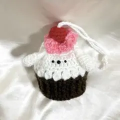 ハンドメイド 編み物 巾着 ポーチ 小物入れ ワンちゃん 犬 カップケーキ