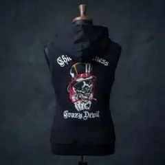 Vintage Crazy Devil スカル刺繍 フードベスト パーカー