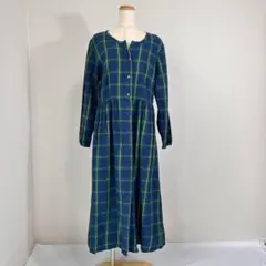 チェック柄 前開き 長袖 ロング ワンピース 古着Y211
