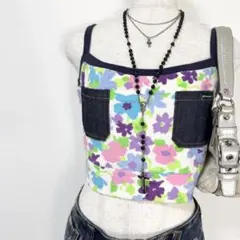 Y2K❤️ 00s D&G パイル地 花柄 デニムポケット クロップドキャミソールのサムネイル