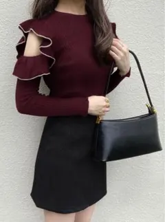 GRL 配色フリルオープンショルダーニットトップスdr342 ボルドー　M