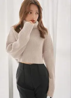 ベージュ クロップドニット タートルネック