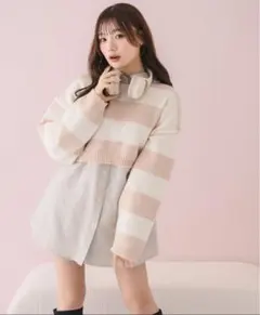 ボーダーニット　ショート丈　ピンク　セーター