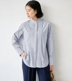 グリーンレーベル フリルネック ピンタックシャツ バンドカラーシャツ ストライプ