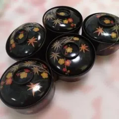 蓋付き 汁椀 5客セット 漆器 梅と紅葉柄のサムネイル