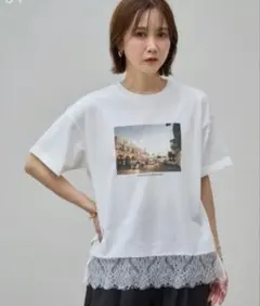 美品　しまむら　mysa closet フォト裾レースTシャツ　白　M 田中里奈