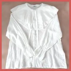 ラッフルカラー フリル ホワイト 長袖ブラウス キャンディスリーブ Lサイズ