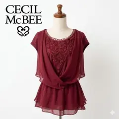 CECIL McBEE レース装飾シフォンブラウス ボルドー M