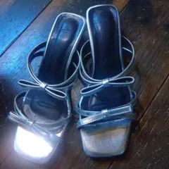 新品　Heather　シルバーレザー ミュール リボン付き　シンプルガーリー