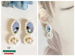 【ＢS-10】刺繍　オーバル&パールの刺繍ピアス/イヤリング　ライトブルー