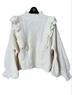 【Heather】フリルケーブルニットプルオーバー オフホワイト