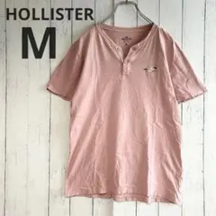 ホリスター◇ヘンリーネック Tシャツ 半袖 ロゴ 刺繍 ワンポイント ピンク M