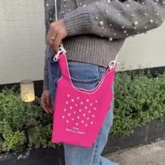 Ball&Chain ミニエコバッグ ピンク 星柄 ショルダー付き 刺繍