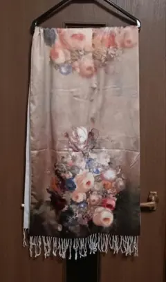 シルク　花柄フリンジ付きストール