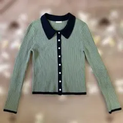 GU リブポロカーディガン　トップス黒　アーモンドグリーン　前あき　襟付き