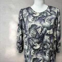 ヴィンテージ　半袖柄シャツ　グレー　パープル 総柄　レトロボタン　ノーカラー