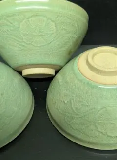 高麗青磁 茶碗 3個セット 草花文様 茶道具のサムネイル