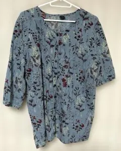 美品！インド綿 花柄五分袖トップス ブルー系 Lサイズ
