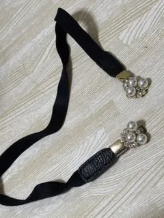 パール装飾付き黒リボンベルト