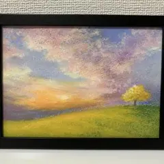 【オリジナル原画】　オイルパステル　大丈夫、寂しくないよ　2L判　夕焼け　風景