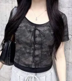 INGNI イング ムラ染めキャミレイヤード風レースアップトップス Y2K