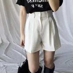 【me+em select】ハイウエストカラータックスラックスショートパンツXL