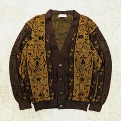 Vintage アメカジ 総柄ニットカーディガン レトロ配色 L